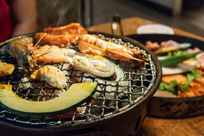 格子烤肉,韩式烧牛肉,朝鲜半岛,水平画幅,贻贝,传统,生食,家庭生活,膳食,海产