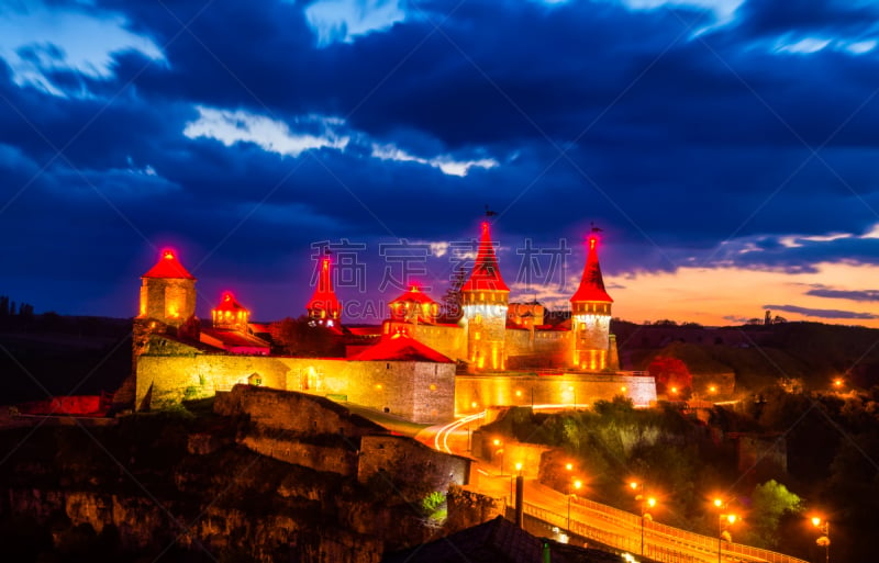 夜晚,非凡的,都市风景,乌克兰,中世纪时代,城堡,卡缅涅茨,天空,美,水平画幅