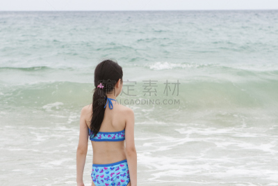 海洋,女孩,看,三亚,海南省,泳装,中国海,偏远的,马尾辫,水