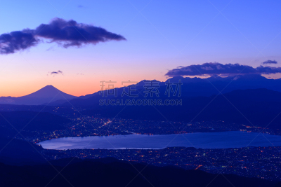 诹访,富士山,山,黎明,城市,苏瓦湖,巴岳山,日本阿尔卑斯山脉,南阿尔卑斯山脉,长野县