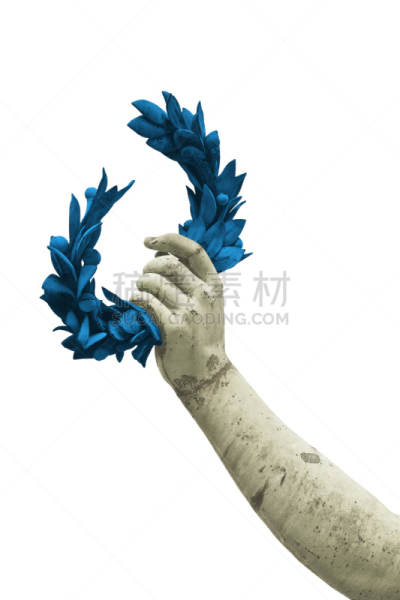 名声,手,概念,月桂花冠,蓝色,图像,铜像,拿着,白色背景