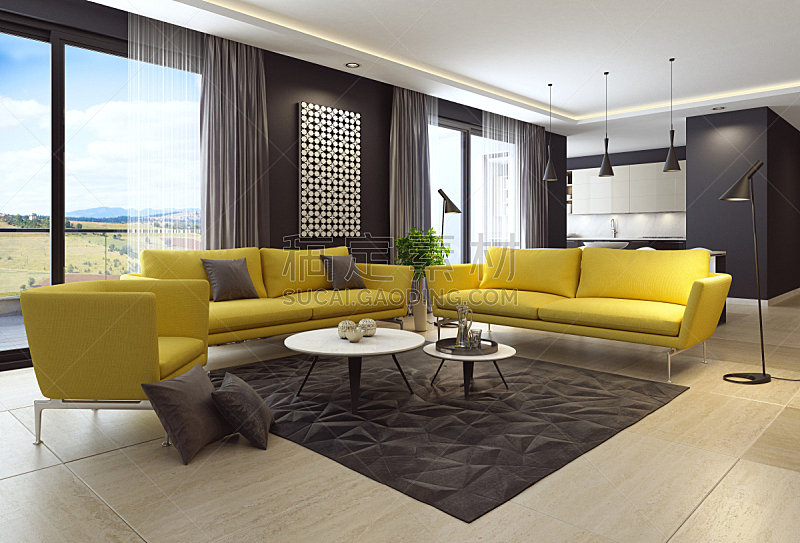 起居室,现代,华贵,黄色,家具,厨房,室内,大厅,地板