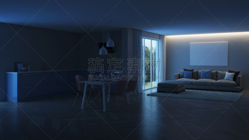 现代,三维图形,厨房,房屋,室内,蓝色,夜晚,抽油烟机,窗帘,舒服