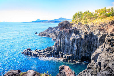 玄武岩,悬崖,柱子,济州岛,水,水平画幅,无人,户外,韩国,山