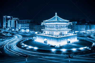 西安,夜晚,钟楼,陕西省,天空,水平画幅,无人,符号,交通,阶调图片