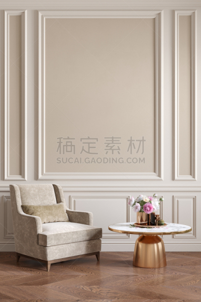扶手椅,三维图形,绘画插图,室内,米色,墙,茶几,简单,空的,纺织品