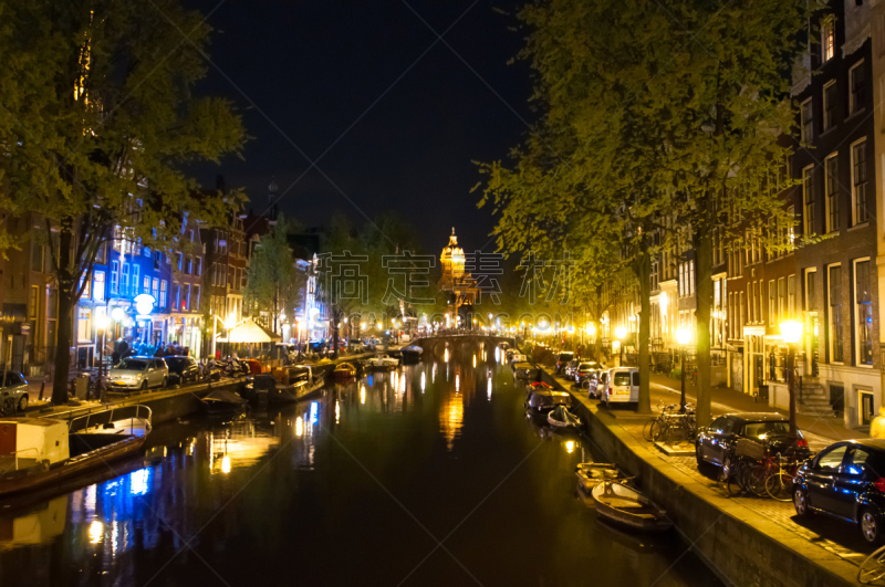 阿姆斯特丹,夜晚,荷兰,天空,水平画幅,无人,运河,户外,都市风景,夜生活