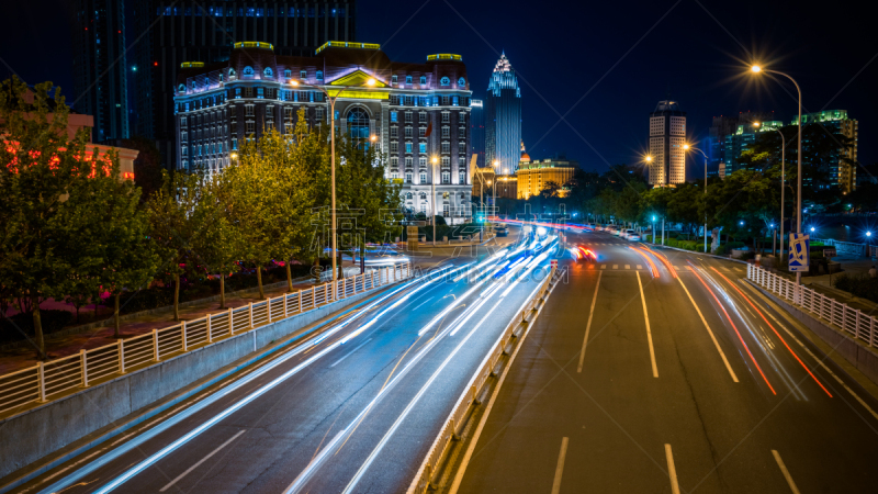 天津市,市区,星迹,光轨,高视角,夜晚,陆用车,都市风景,多车道公路,现代