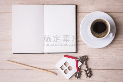 开着的,速写本,杯,空白的,咖啡,钥匙,模型,房屋,留白,储蓄