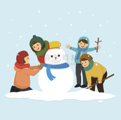 儿童,雪人,建筑业,堆雪人,连指手套,水平画幅,进行中,雪,绘画插图