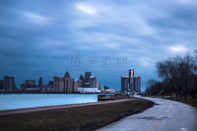 底特律,长时间曝光,美国,水平画幅,夜晚,底特律河,无人,城市天际线,温莎 ,温莎郡