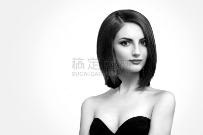 短发,高雅,青年女人,黑白图片,影棚拍摄,红唇蝙蝠鱼,黑白联欢晚会,红色的口红,彩妆,水平画幅