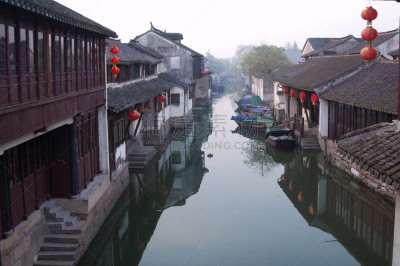 周庄,水,江苏省,灯笼,水平画幅,墙,运河,古老的,旅行者,湖
