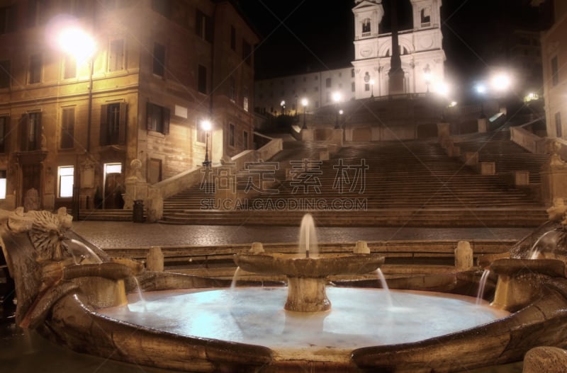 罗马,意大利,piazza di spagna,室内过夜,水,台阶,外立面,水平画幅,夜晚