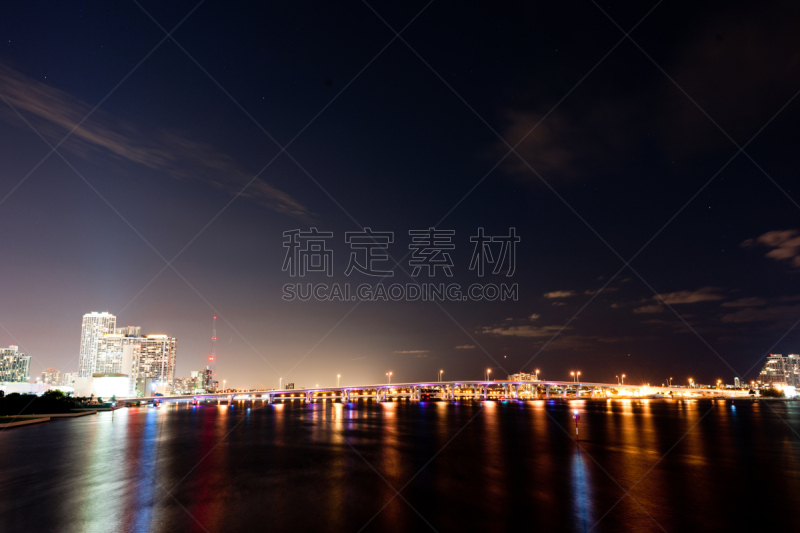 迈阿密,桥,比斯坎湾海湾,堤道,水,水平画幅,夜晚,无人,海港,大西洋