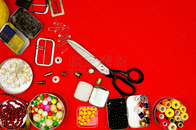 裁缝用具,概念,细条纹布料,红色背景,珠子,裁缝,水平画幅,纺织品,努力,组物体