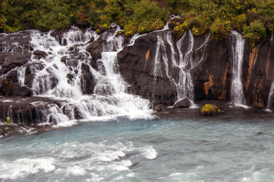 Hraunfossar,岛,灰色,水平画幅,绿色,岩石,熔岩,无人,欧洲,River Hvita