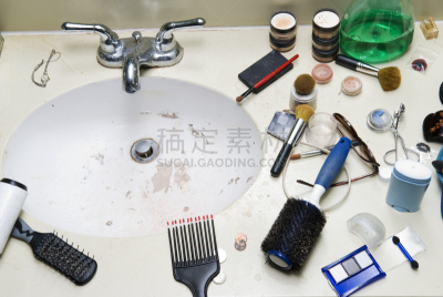 洗手池,凌乱,浴室,发刷,美,住宅房间,彩妆,水平画幅,高视角,无人