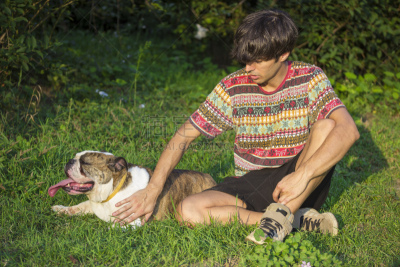 英格兰斗牛犬,业主,草,自然,水平画幅,人,夏天,户外,斗牛犬,宠物