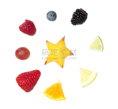 色相环,水果,杨桃,清新,背景分离,食品,柠檬,蓝莓,浆果,熟的