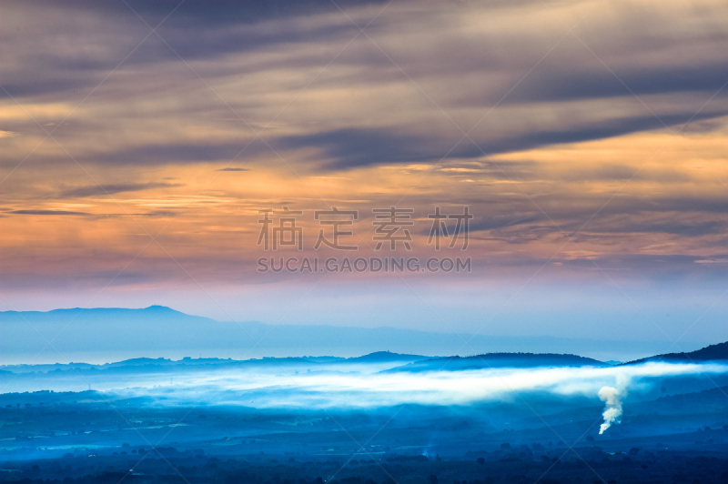 秋天,雾,地形,普西河谷,水平画幅,山,无人,蓝色,早晨,英格兰