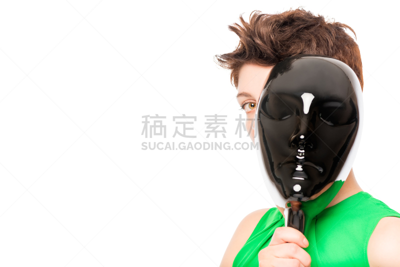 陌生人,闪亮的,背面视角,面具,白色背景,黑色,美,半身像,彩妆,艺术