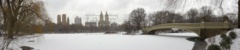 冬天,全景,中央公园,弓桥,水,天空,公园,休闲活动,水平画幅,雪