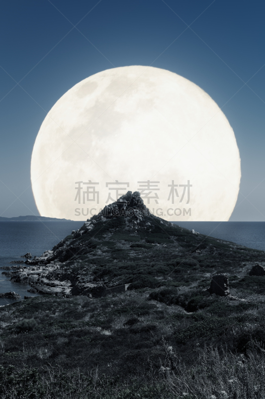 夜晚,岛,海洋,赤血岛,岩岛,科西嘉,月光,垂直画幅,合成图像,天空