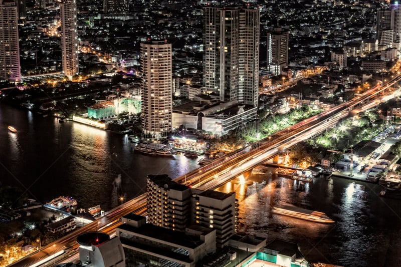 夜晚,交通,河流,城市天际线,曼谷,主干路,水平画幅,高视角,忙碌,旅行者