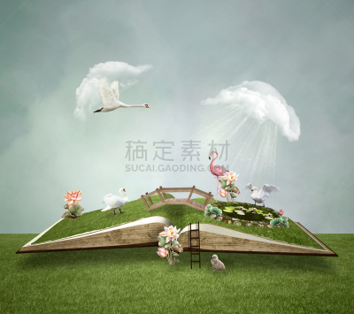 绿色,小的,地球,超现实主义的,超现实主义,童话故事,奇异的,火烈鸟,水平画幅,睡莲