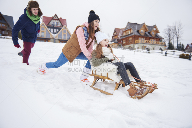 幸福,家庭,雪橇滑学,动物雪车,度假胜地,水平画幅,雪,父母,人群