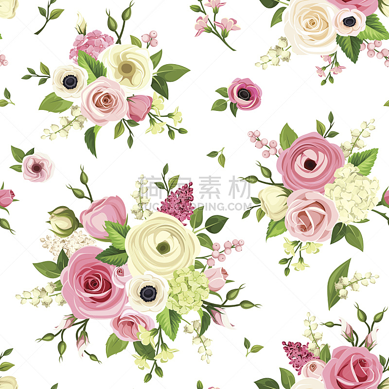 四方连续纹样,绘画插图,白色,粉色,矢量,银莲花,洋桔梗,铃兰,玫瑰,华丽的