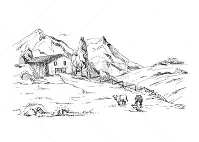 农舍,母牛,背景,地形,山,风景,食草,墨水和刷子,连栋房屋,家牛