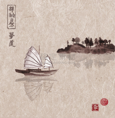 山,帆,舢板船,烟灰墨,水墨画,自然,垂直画幅,无人,绘画插图,全景