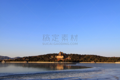 昆明湖,冻结的,佛香阁,阁楼,水平画幅,户外,碾碎了的,特写,冬天,怀旧