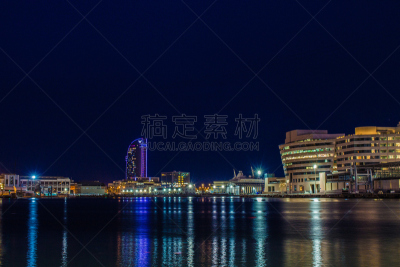 巴塞罗那,安全护栏,威尔港口,水,水平画幅,夜晚,无人,海港,户外,光
