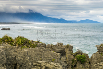悬崖,薄饼岩,punakaiki,韦斯特兰,呼吸孔,水,留白,水平画幅,风化的,山