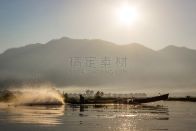 茵丽湖,船,良瑞镇,水,天空,缅甸,水平画幅,山,早晨,人
