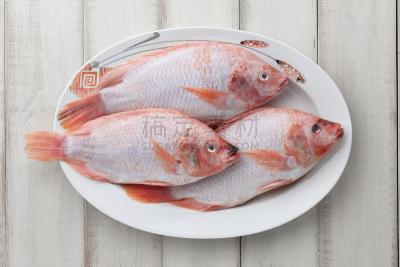 去皮的,罗非鱼,盘子,红色,餐具,留白,水平画幅,高视角,生食,海产