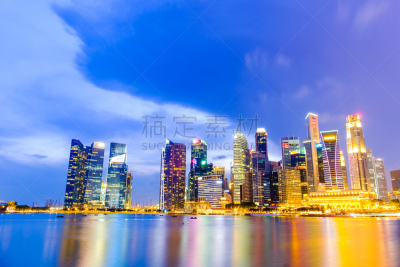 新加坡,都市风景,城市天际线,滨海湾 ,天空,水平画幅,夜晚,无人,曙暮光,户外