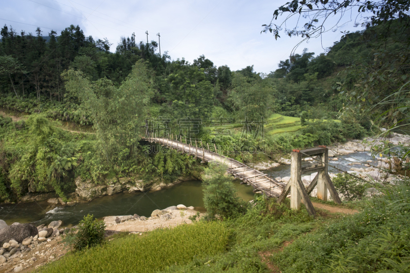 越南,山地,吊桥,查济,水,水平画幅,老街省,夏天,户外,图像