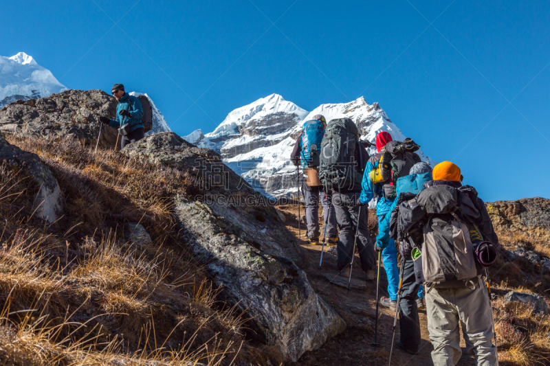 徒步旅行,山,陡峭,小路,人群,体育团队,背包族,尼泊尔,攀登设备,旅途