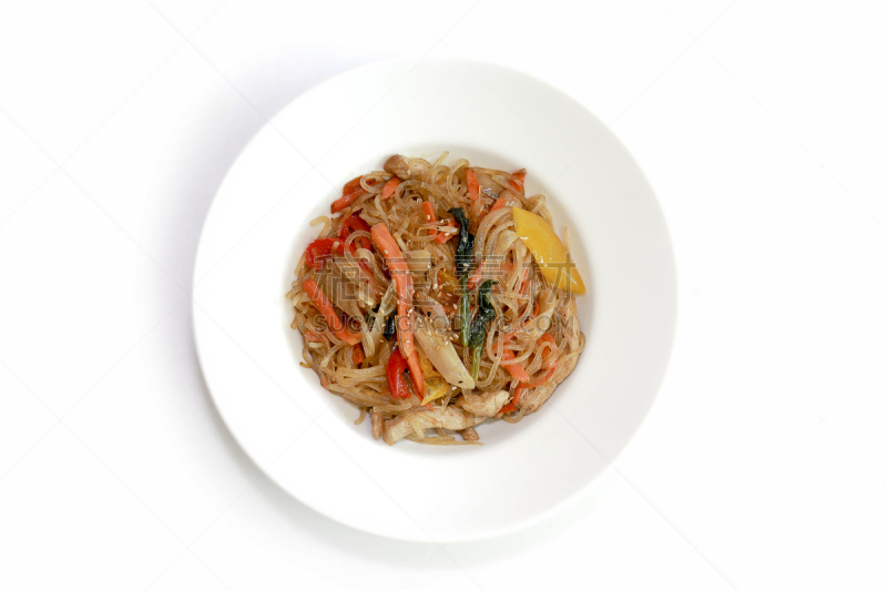 韩式炒粉丝,面条,韩国食物,水平画幅,无人,白色背景,东方食品,白色,韩国,亚洲