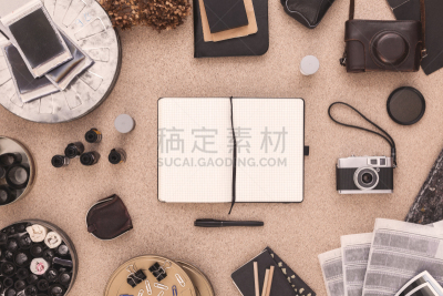留白,一次成像照相机,剪贴本,摄影师,书桌,传统,拍摄场景,水平画幅,高视角,工作场所