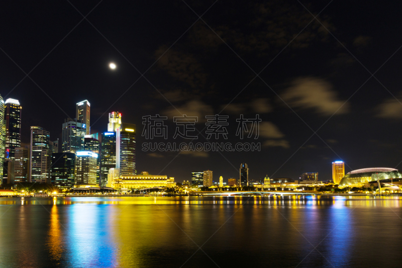 新加坡,商务,地形,金融区,水平画幅,夜晚,无人,鱼尾狮,海港,户外