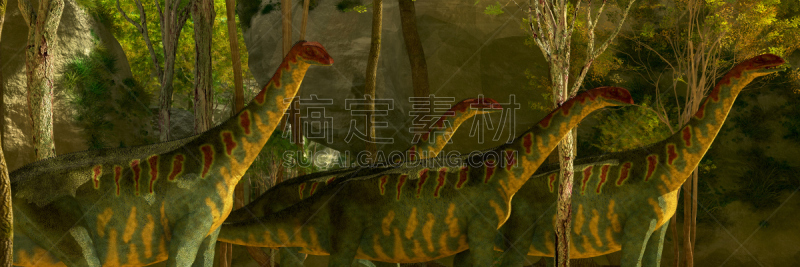 恐龙,森林,泰坦巨龙类,蜥脚类,古生物学,撒哈拉沙漠,史前时代,水平画幅,食草动物,绘画插图