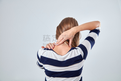 青年女人,拿着,脊柱,背痛,顶部,健康保健,药,一个人,头痛,肩