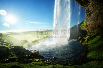 瀑布,夏天,冰岛国,水,天空,水平画幅,云,户外,草,云景