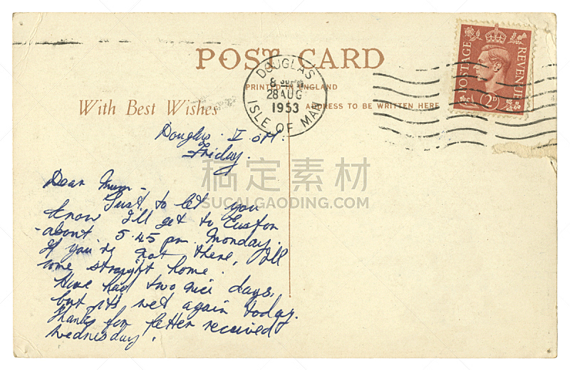 马恩岛,道格拉斯,1953,明信片,背景分离,信函,撕破的,肮脏的,玷污的,古典式
