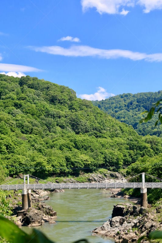 六月,石狩川,旭川,吊桥,垂直画幅,旅游目的地,木制,无人,日本,户外